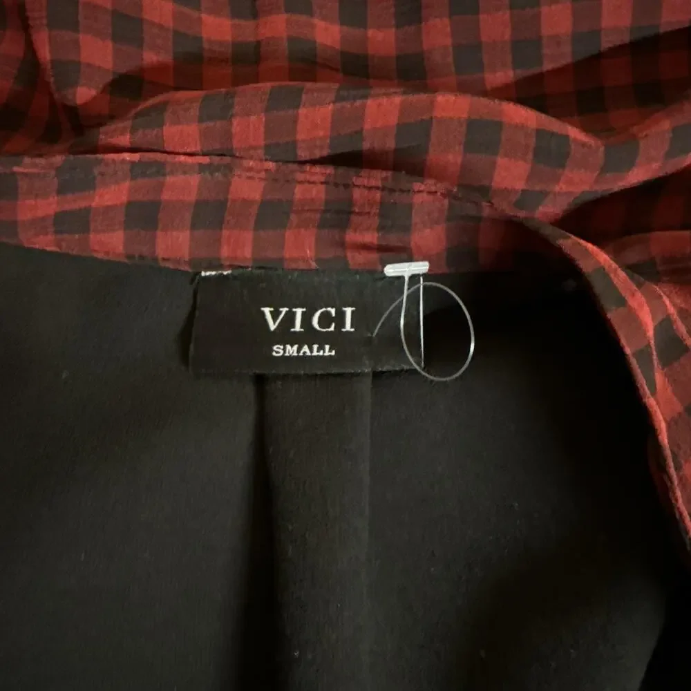 VICI Red & Black Gingham Plaid Long Sleeve Mini Dress Drawstring Waist Sz S NWOT